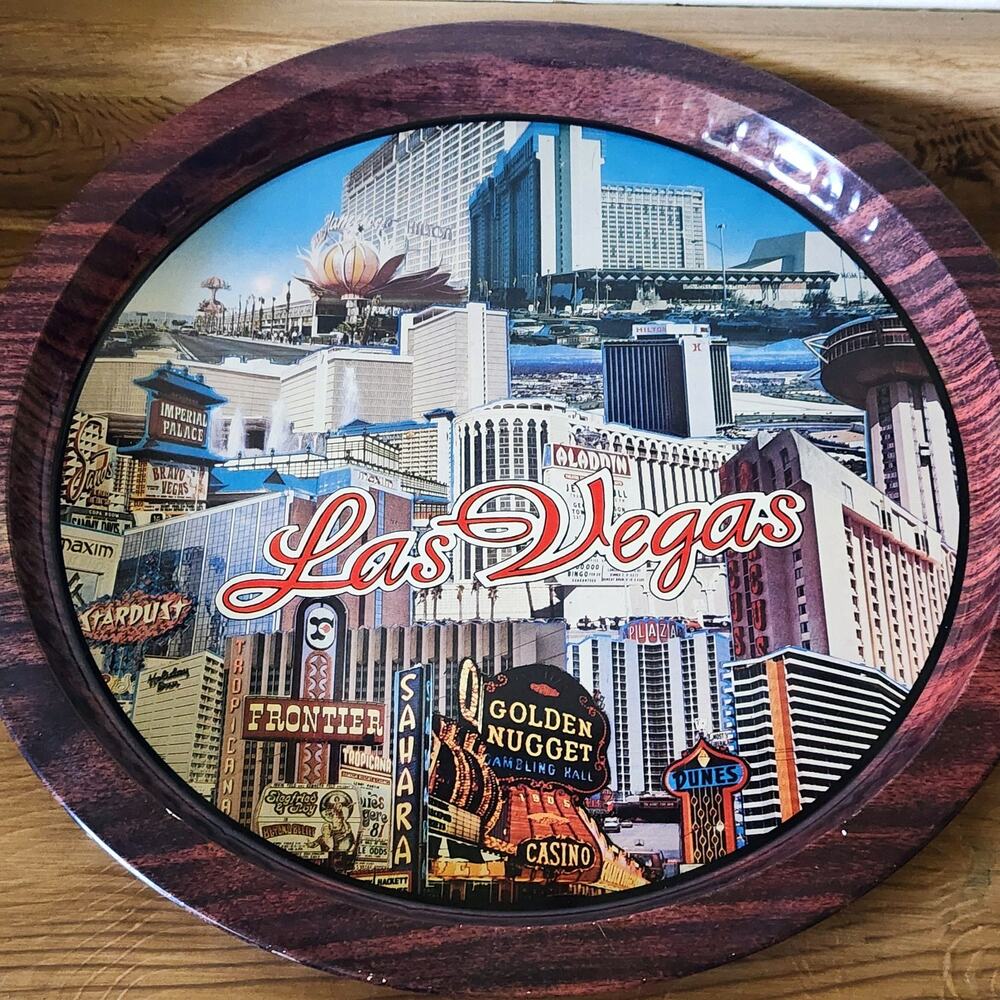 Vintage Las Vegas Nevada 13" Metal Tray Golden Nugget Stardust Dunes See Pic